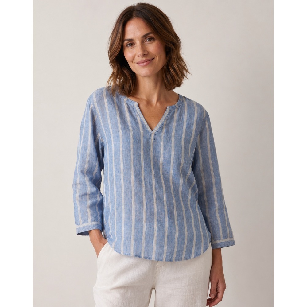 L.L. Bean Linen Blend Button Down Women Small Blue Striped Coastal Grandmother